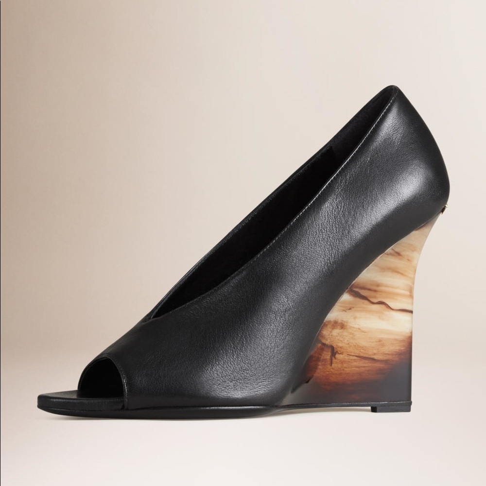 Burberry Black Leather Peep-Toe Wedge Heels with Brown Marbled Heel